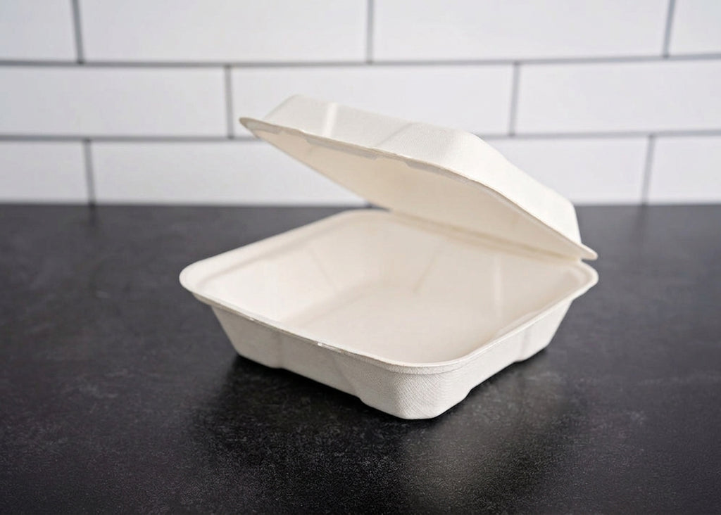 Bagasse 6x6 Clamshell Takeout Container